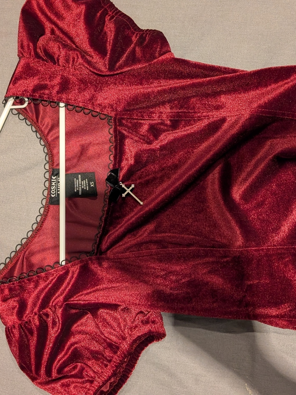 Burgundy Velvet Top with Cross Pendant